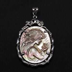 Cameo Abalone Shell Pendant, Three Rhinestones, 1970s Vintage Jewelry